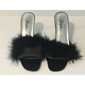 New Pleaser Slip On Peep Toe Black Feather Boa Kitten Heels Romance-301F Size 10